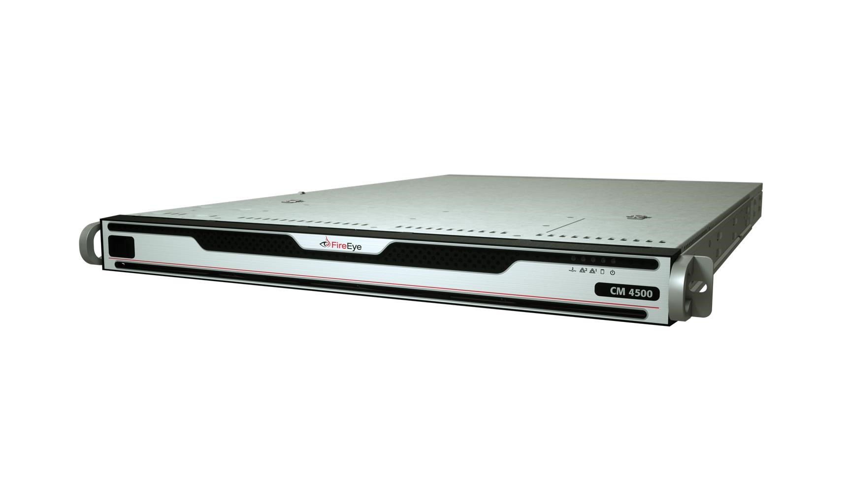 Front view of a FireEye CM 4500 rack-mount appliance with metallic faceplate and FireEye logo
