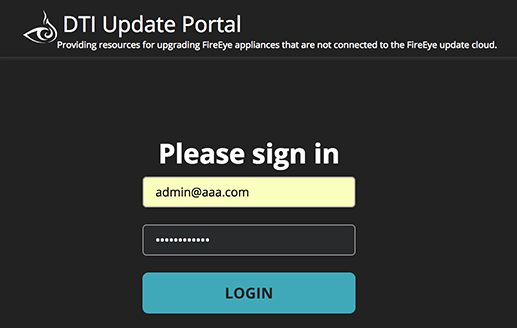 DTI Update Portal login screen — dark themed page with Please sign in form showing username field populated with admin@aaa.com, a password field, and a prominent turquoise LOGIN button.