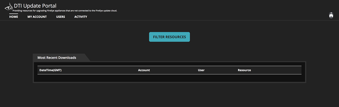 Screenshot of the DTI Update Portal — dark themed header with logo and navigation items HOME, MY ACCOUNT, USERS, ACTIVITY; a centered teal FILTER RESOURCES button; and a dark panel titled Most Recent Downloads containing a narrow table header row with columns DateTime(GMT), Account, User, Resource.