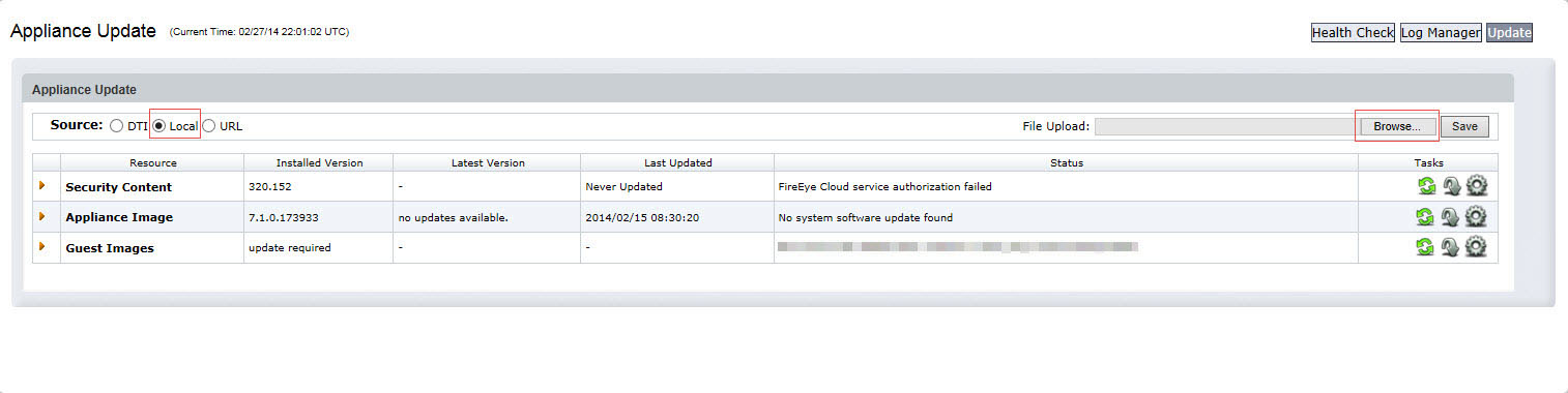 Appliance Update page screenshot showing Source options (DTI, Local, URL), a File Upload Browse button, and a table listing resources such as Security Content, Appliance Image, and Guest Images