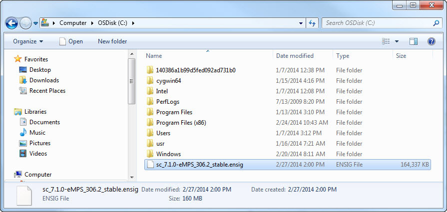 Windows Explorer (OSDisk (C:)) window showing folders and files; a file named sc_7.1.0-eMPS_306.2_stable.ensig is selected/highlighted. The details pane shows file type ENSIG File and size approximately 160 MB (164,337 KB).
