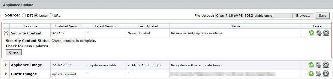 Wider screenshot of the Appliance Update UI showing the top area with Source radio buttons (DTI / Local / URL), File Upload field, and a large table listing resources. The table highlights a security-content row with Installed Version, Latest Version, Last Updated, and a Prepare action in the Tasks column.