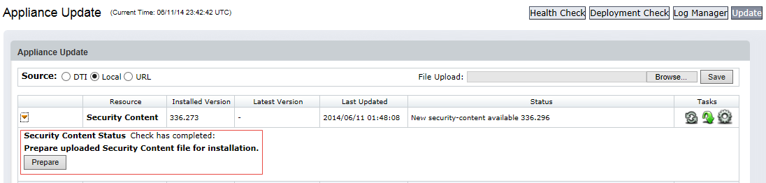 Screenshot of the Appliance Update page showing the update table with columns Resource, Installed Version, Latest Version, Last Updated, Status, and Tasks. The image shows a red-bordered message box reading Security Content Status Check has completed. Prepare uploaded Security Content file for installation. with a Prepare button visible.