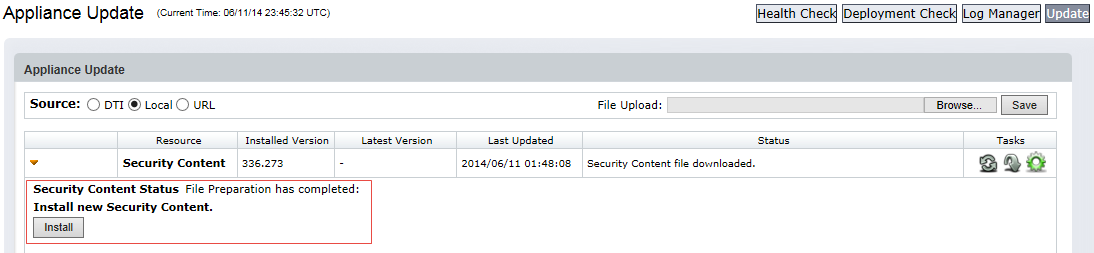 Appliance Update interface screenshot showing Source: DTI | Local | URL options, a table row for Resource Security Content with Installed Version 336.273, Status column showing Security Content file downloaded., and a boxed area indicating Security Content Status File Preparation has completed: Install new Security Content. with an Install button. The Tasks column shows small action icons including a gear icon.