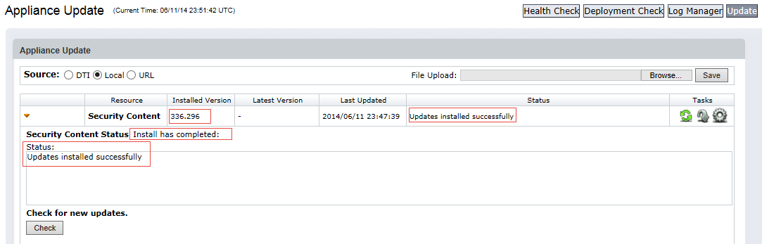 Appliance Update interface screenshot showing the Security Content row with Installed Version updated to 336.296 and the Status column highlighted with Updates installed successfully. The page shows the Check for new updates. area and a Check button below the status box.