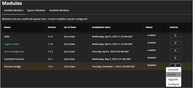 Screenshot of the HX UI Modules page — dark-themed table showing Installed Modules with columns Name, Version, Up To Date, Installation Date, Status, and Actions; an actions menu is visible for a module.