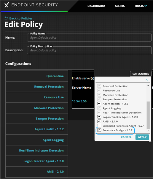 Edit Policy Web UI showing configurations list on the left and a Categories popup with multiple module checkboxes and an Apply button