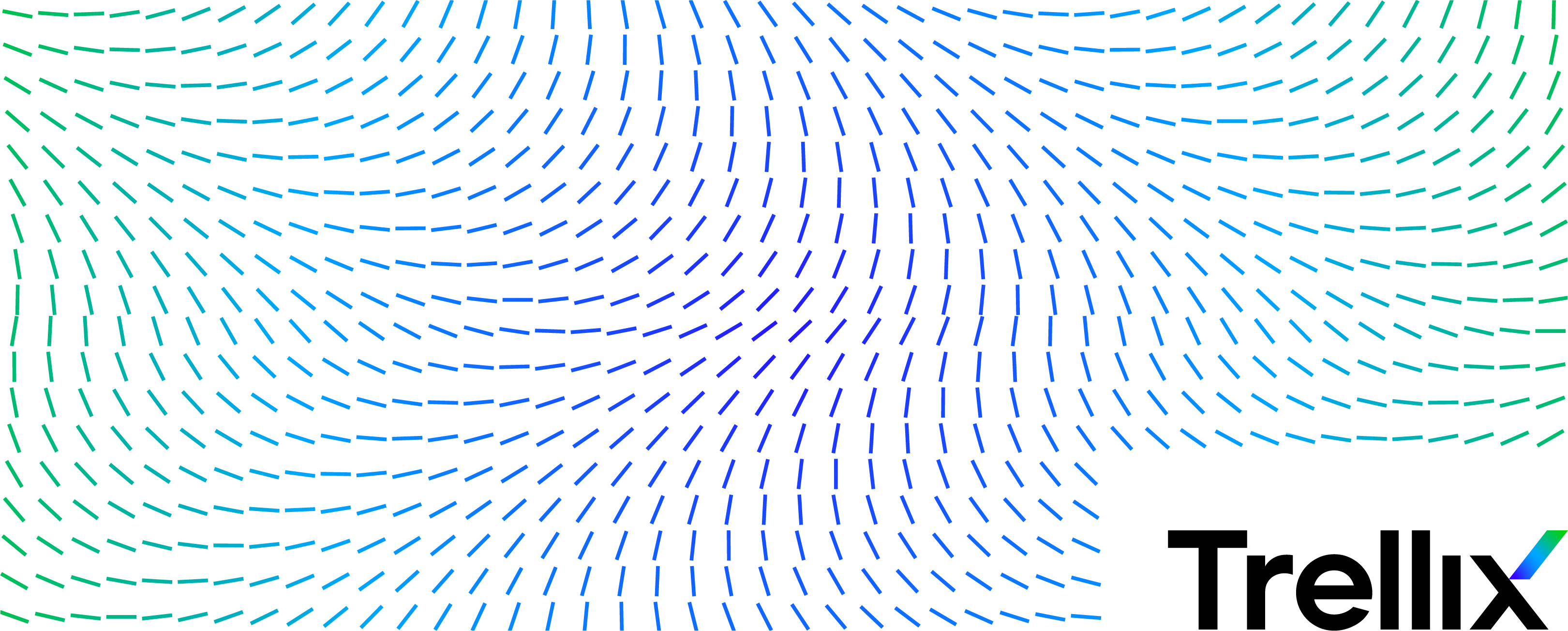 Blue-green dashed wave pattern graphic spanning the page with the Trellix logo at the lower-right