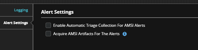 Alert Settings UI panel in a dark themed console showing the left navigation labeled Logging and the Alert Settings content area with checkboxes labeled Enable Automatic Triage Collection For AMSI Alerts and Acquire AMSI Artifacts For The Alerts