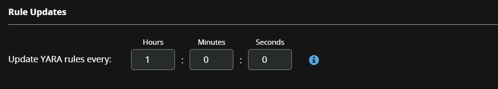 Rule Updates panel showing a dark background UI with Update YARA rules every: and Hours : Minutes : Seconds numeric input controls