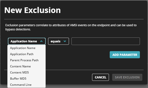 Dark modal dialog titled New Exclusion showing a dropdown list with Application Name and other parameter fields, operator selector, an ADD PARAMETER button, and footer buttons CANCEL and SAVE EXCLUSION.