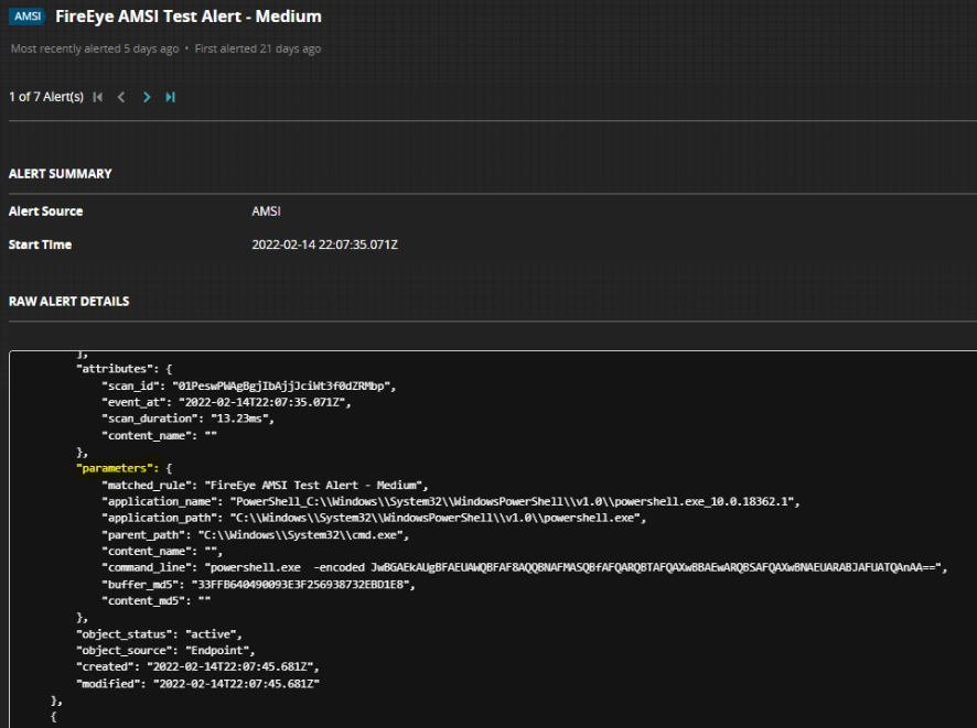 Screenshot of AMSI Test Alert UI showing alert header, Alert Summary with Alert Source and Start Time, and a RAW ALERT DETAILS panel displaying JSON of matched rule, application_path, command_line, and other parameters.
