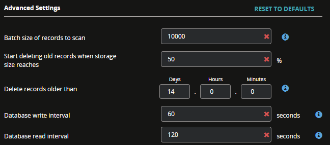 Screenshot of the Advanced Settings panel showing dark-themed settings fields such as Batch size of records to scan, Start deleting old records when storage size reaches, Delete records older than, Database write interval, and Database read interval with numeric input boxes and information icons.