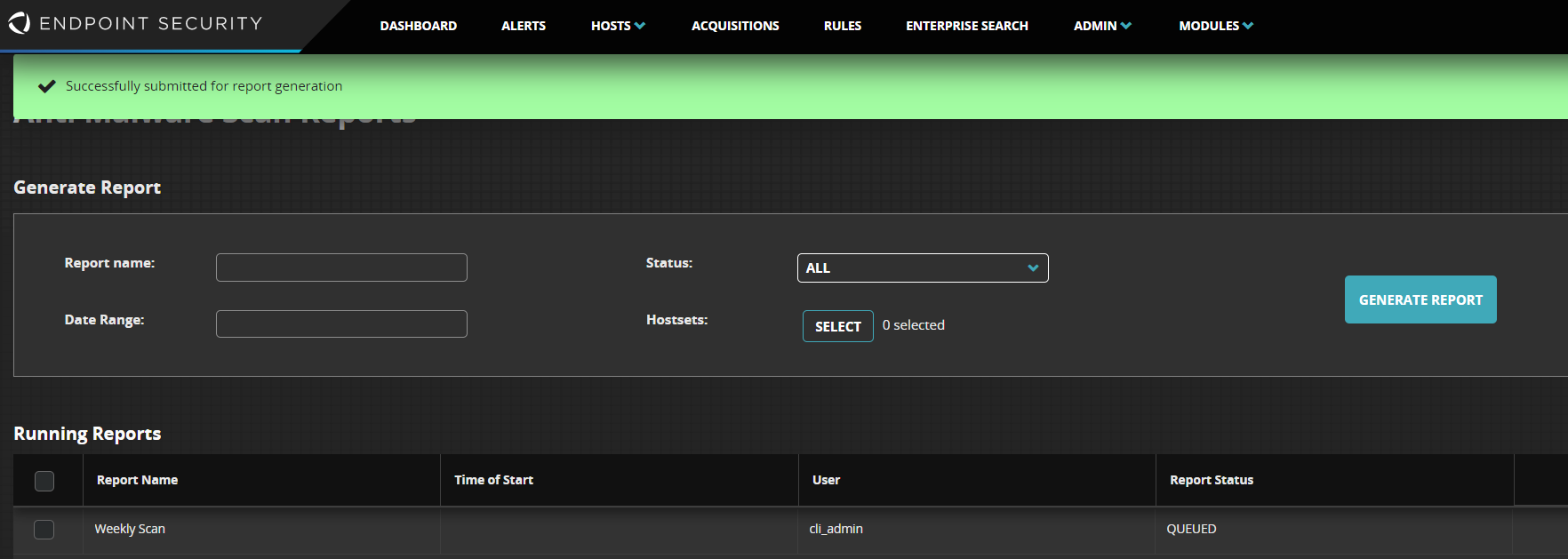 Screenshot of the Endpoint Security Generate Report and Available Reports UI showing the report generation form, Running Reports and Available Reports tables, and download icons