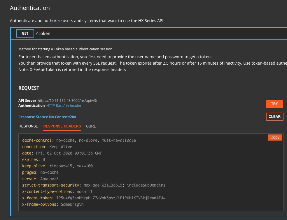 Screenshot of an Authentication UI showing the /token endpoint, request pane, and the response pane with a highlighted Response Headers tab and the x-feapi-token header visible in the response headers box