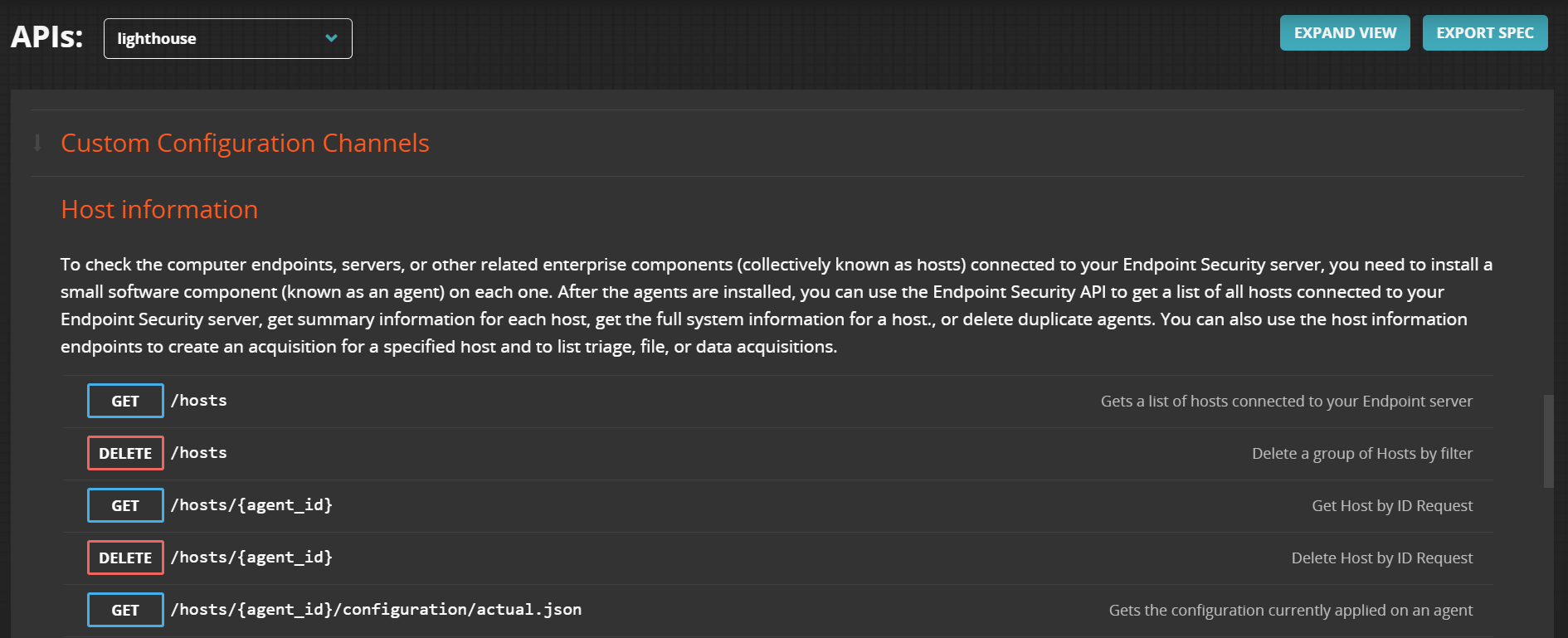 Dark-themed API documentation UI screenshot showing an APIs: dropdown at top and a vertical list of API endpoints with colored GET and DELETE buttons and endpoint paths such as /hosts and /hosts/{agent_id}.