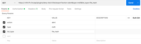 Postman screenshot showing GET request URL hx://HOST/hx/api/plugins/deny-list/v1/list/export with query params table listing action, type, list_type