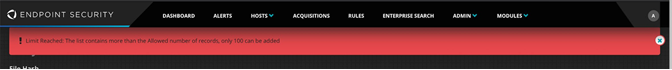 Endpoint Security Web UI top banner showing a red error notification stating the deny list limit has been reached