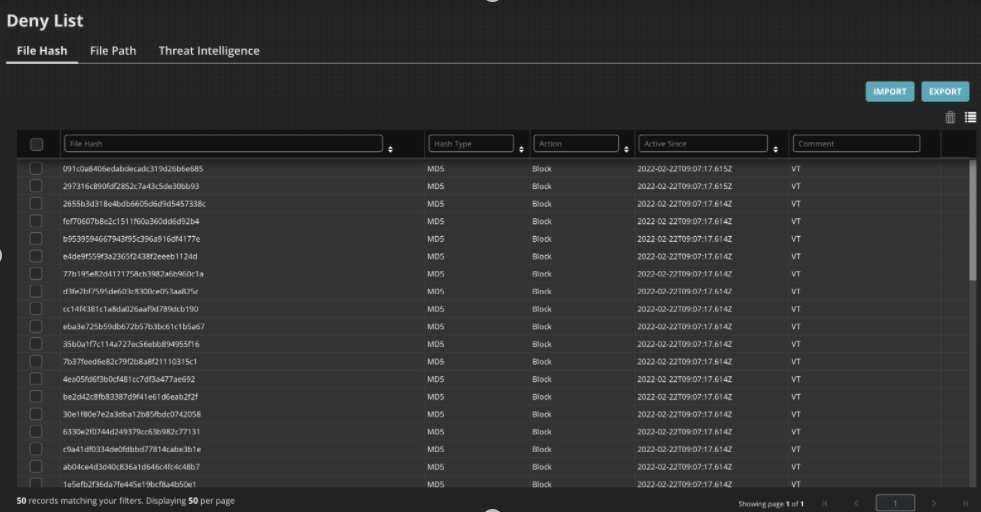 Screenshot of the Deny List table showing a dark grid with columns such as File Hash, File Path, Threat Intelligence, Hash Type (MD5), Action (Block), Active Since, and Comment. Multiple rows of file hashes are visible along with pagination and import/export buttons at the top-right of the table.