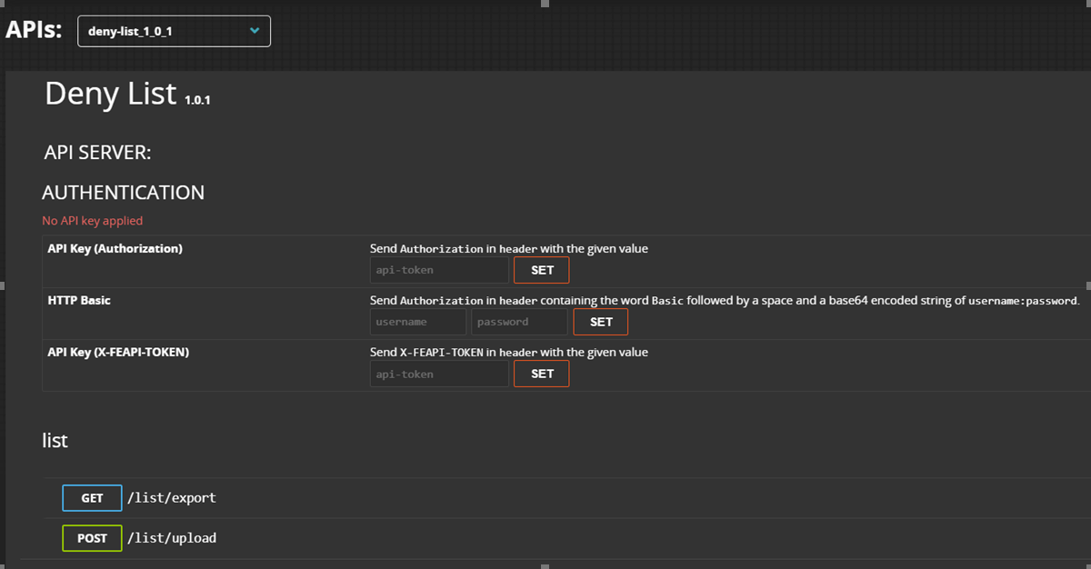 Dark-themed API documentation UI screenshot titled Deny List showing API server and authentication sections with fields for API Key (Authorization), HTTP Basic, API Key (X-FEAPI-TOKEN), and endpoints including GET /list/export and POST /list/upload