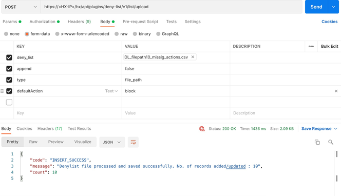 Postman screenshot showing form-data upload UI and response preview