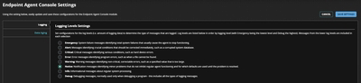 Dark-themed screenshot of the Endpoint Agent Console Settings page showing Logging Levels settings and options.