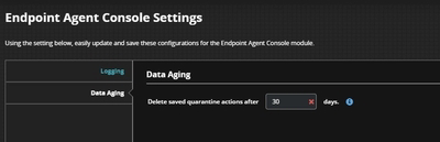 Screenshot of the Endpoint Agent Console Settings page showing the Data Aging configuration panel with input for number of days.