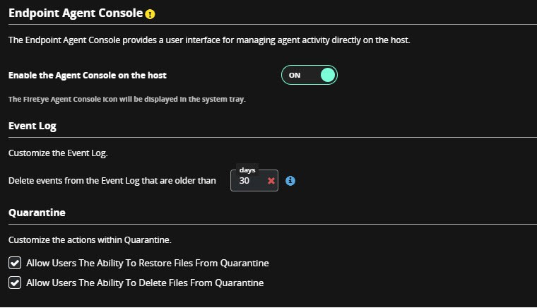 Screenshot of the Endpoint Agent Console settings panel showing a dark UI with the Enable the Agent Console on the host toggle set to ON, Event Log customization (days retention) controls, and Quarantine action options with checkboxes to allow restore and delete from quarantine.