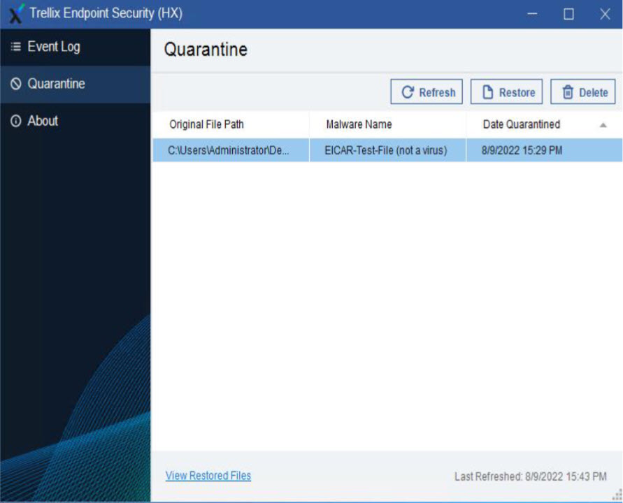 Quarantine tab screenshot showing a light dialog with a table of quarantined items (columns: Original File Path, Malware Name, Date Quarantined) and buttons labeled Refresh, Restore, Delete; left navigation bar labeled Event Log, Quarantine, About.