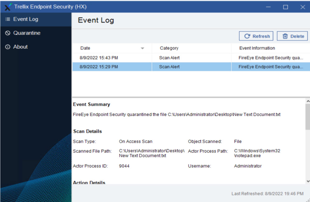 Screenshot of the Trellix Endpoint Security (HX) Event Log window showing a list of events with columns Date, Category and Event Information, and an Event Summary panel at the bottom