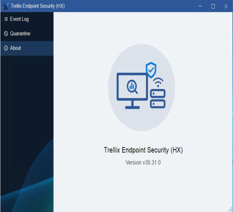 Trellix Endpoint Security (HX) About tab window showing a central illustration of a monitor and server icons and text Trellix Endpoint Security (HX) Version v35.31.0
