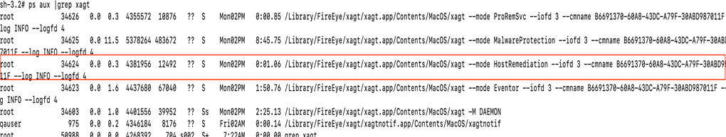 macOS terminal output (ps aux | grep xagt) showing xagt process lines and a highlighted HostRemediation command line for xagt