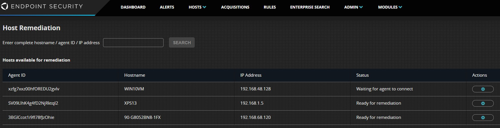 Screenshot of Endpoint Security Host Remediation web UI showing Host Remediation search field and the hosts table with columns Agent ID, Hostname, IP Address, Status, and Actions