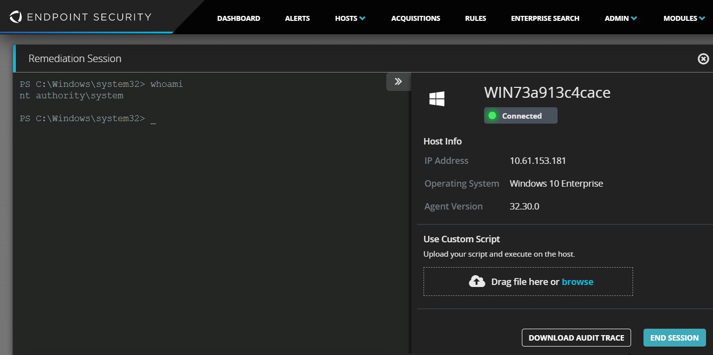 Remediation session screenshot showing left pane terminal with commands PS C:\Windows\system32 whoami and output nt authority\system, and right pane Host Info panel for host WIN73a913c4cace with Connected status and IP Address 10.61.153.181; dark UI with Use Custom Script upload area visible