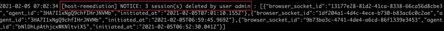 Black terminal-style screenshot showing a JSON log line. The log contains a highlighted segment “[host-remediation
