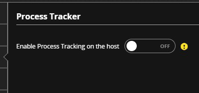 Screenshot of the Process Tracker configuration panel showing a dark UI, a labeled control Enable Process Tracking on the host with a circular toggle set to OFF, and associated icons and gear controls.