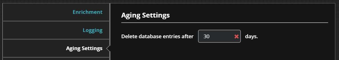 Dark Endpoint Security UI screenshot titled Aging Settings showing a left navigation with items Enrichment, Logging, Aging Settings and a main panel displaying Aging Settings with the label Delete database entries after and an input set to 30 followed by days.