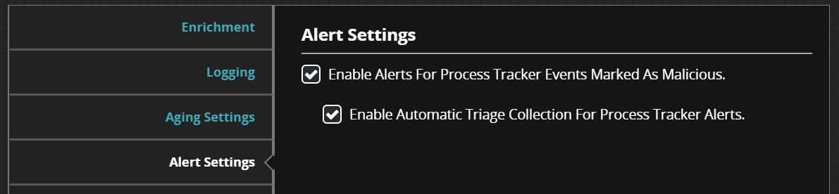 Alert Settings panel screenshot showing left navigation with items Enrichment, Logging, Aging Settings, and Alert Settings highlighted; right panel titled Alert Settings with two checked options: Enable Alerts For Process Tracker Events Marked As Malicious. and Enable Automatic Triage Collection For Process Tracker Alerts.