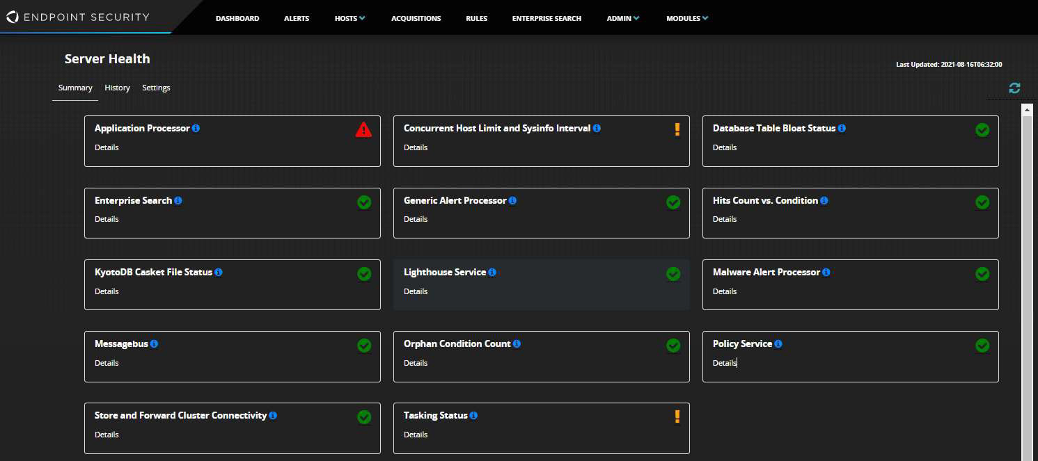 Screenshot of the Server Health dashboard — dark theme interface showing multiple health monitor tiles in a grid (Application Processor, Enterprise Search, Lighthouse, Policy Service, etc.) with status icons and 'Details' links; includes top navigation bar with 'Dashboard', 'Alerts', 'Hosts', 'Acquisitions', 'Rules', 'Enterprise Search', 'Admin', 'Modules'.