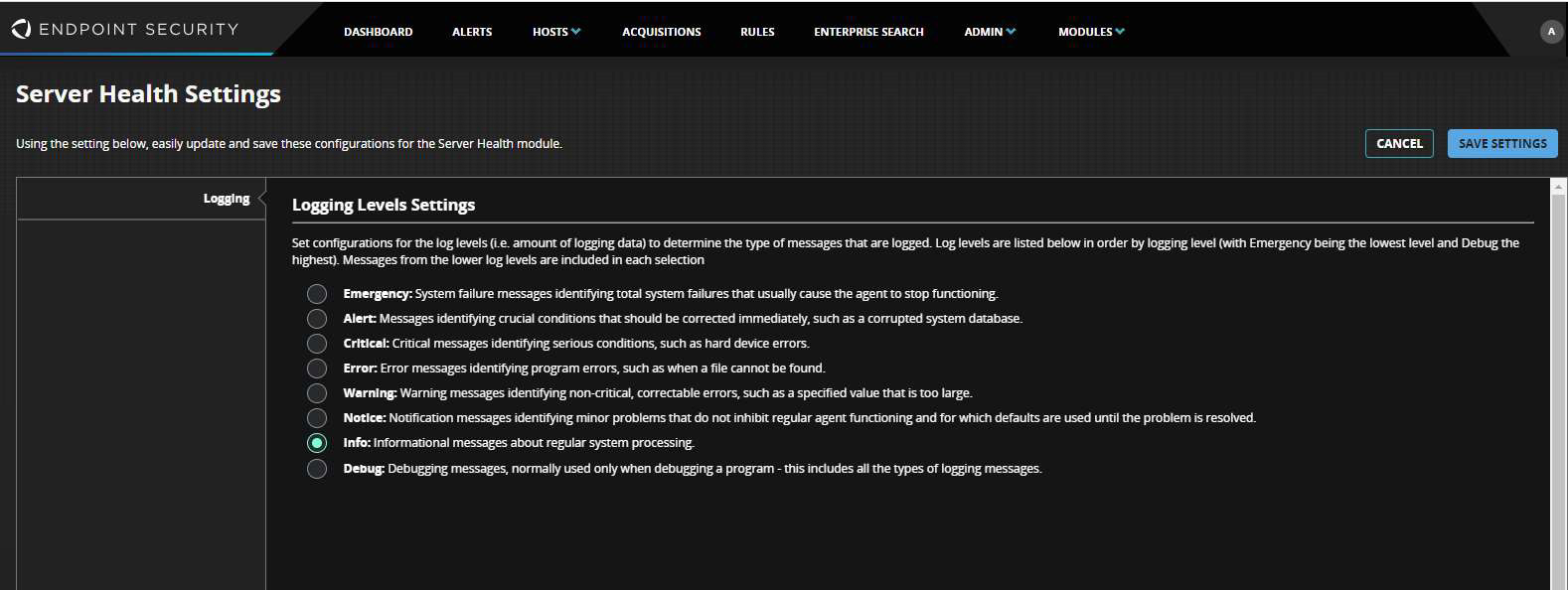 Screenshot of the Server Health Settings page showing a large dark panel titled Logging Levels Settings. The panel contains descriptive text and a vertical list of radio-button options for log levels (Emergency, Alert, Critical, Error, Warning, Notice, Info, Debug). A Save Settings button and Cancel button are visible in the page header area.