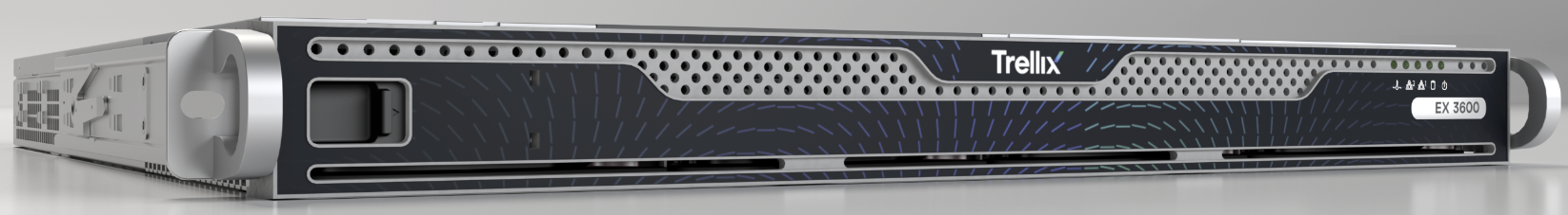 Trellix EX 3600 rackmount appliance front perspective photo showing Trellix branding on a black patterned front panel, rack ears visible at sides