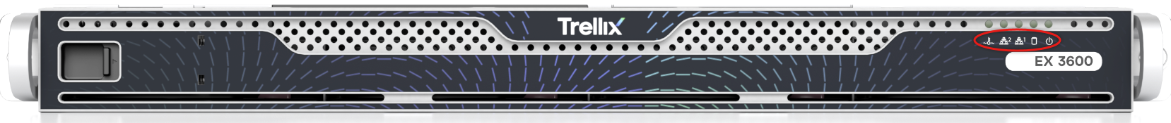 Close-up front view of Trellix EX 3600 front panel, showing drive slots, ventilation pattern, and EX 3600 label