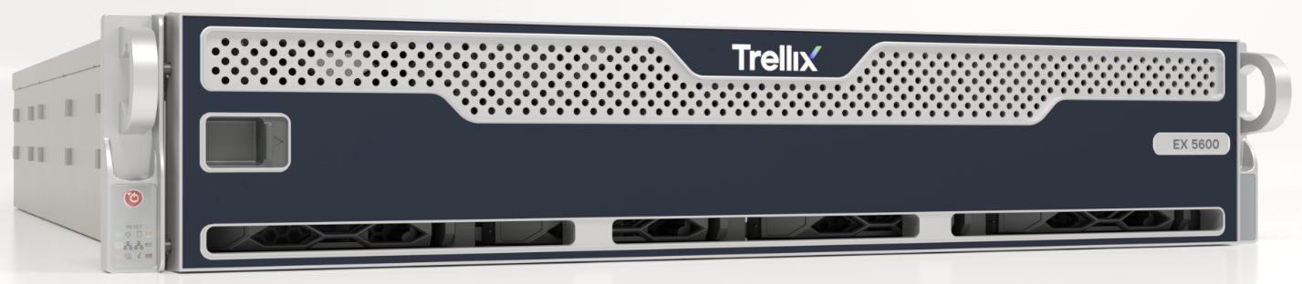 Front of Trellix EX 5600 appliance — rack-mount front panel photograph showing the Trellix logo, perforated grille, fans/vents, and the EX 5600 label