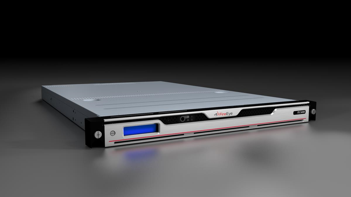 A silver FireEye FX 5400 rack appliance on a dark reflective surface, showing the front bezel with a blue LCD display and the FireEye logo