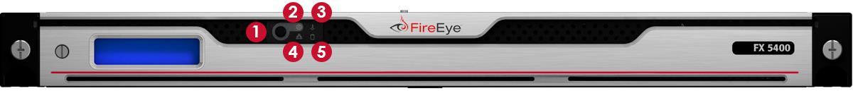 Front bezel of a FireEye FX 5400 rack appliance showing the front panel with a blue LCD on the left, the FireEye logo in the center, rack ears at both ends, and five numbered red indicator callouts above the center section labeled 1 through 5