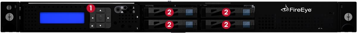 Front chassis with LCD panel and disk drive carriers, front view showing numbered labels