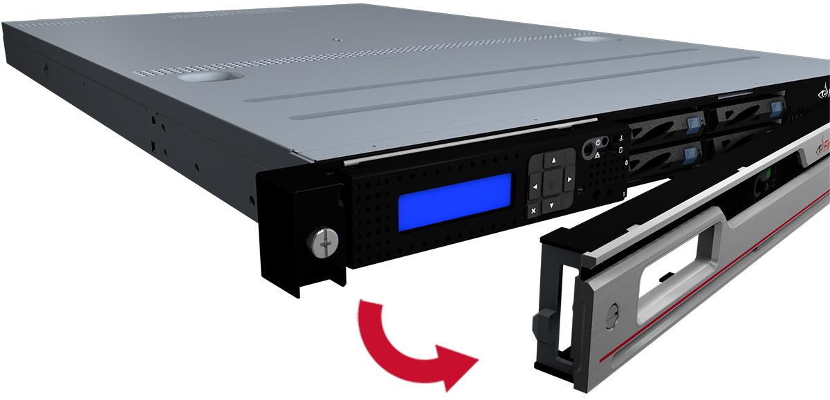 Silver 1U rack appliance angled view with the front bezel removed to the right, showing multiple disk drive bays; a red curved arrow indicates the bezel being removed.