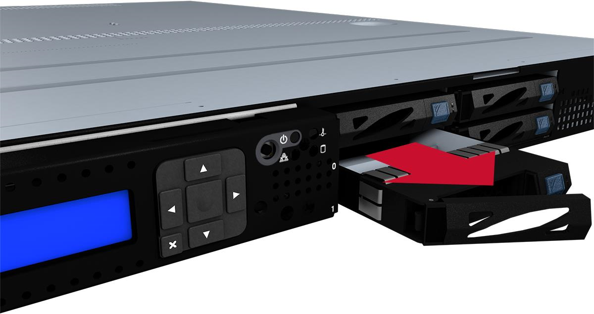 A rack-mounted FX 5400 drive bay with a drive partially pulled out; a large red arrow indicates the direction to slide the drive out. The front panel, blue status display, and drive carrier latch are visible.