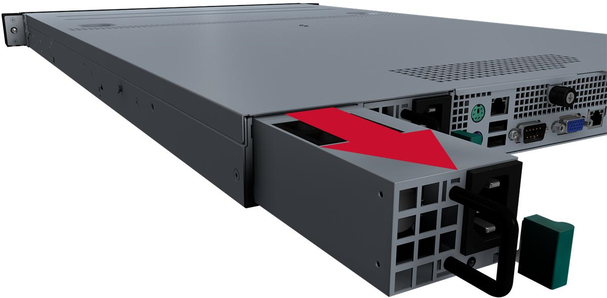 Rear of a rack appliance with the power supply unit (PSU) partially pulled out, showing a green release tab, a black handle, and a large red arrow indicating the direction to pull the PSU