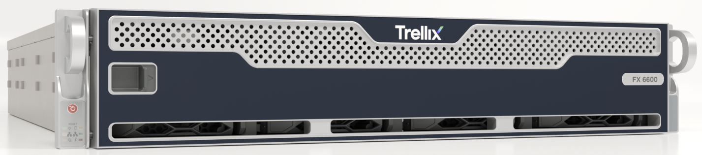 Front of FX 6600 appliance — gray and blue rack unit with Trellix logo across the front